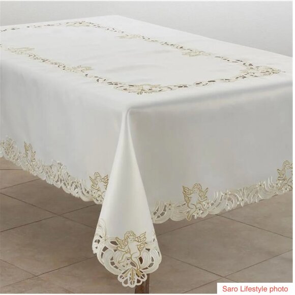 NWT 65 x 84 inch off-white and embroidered gold tablecloth, Saro Lifestyle - Picture 2 of 5